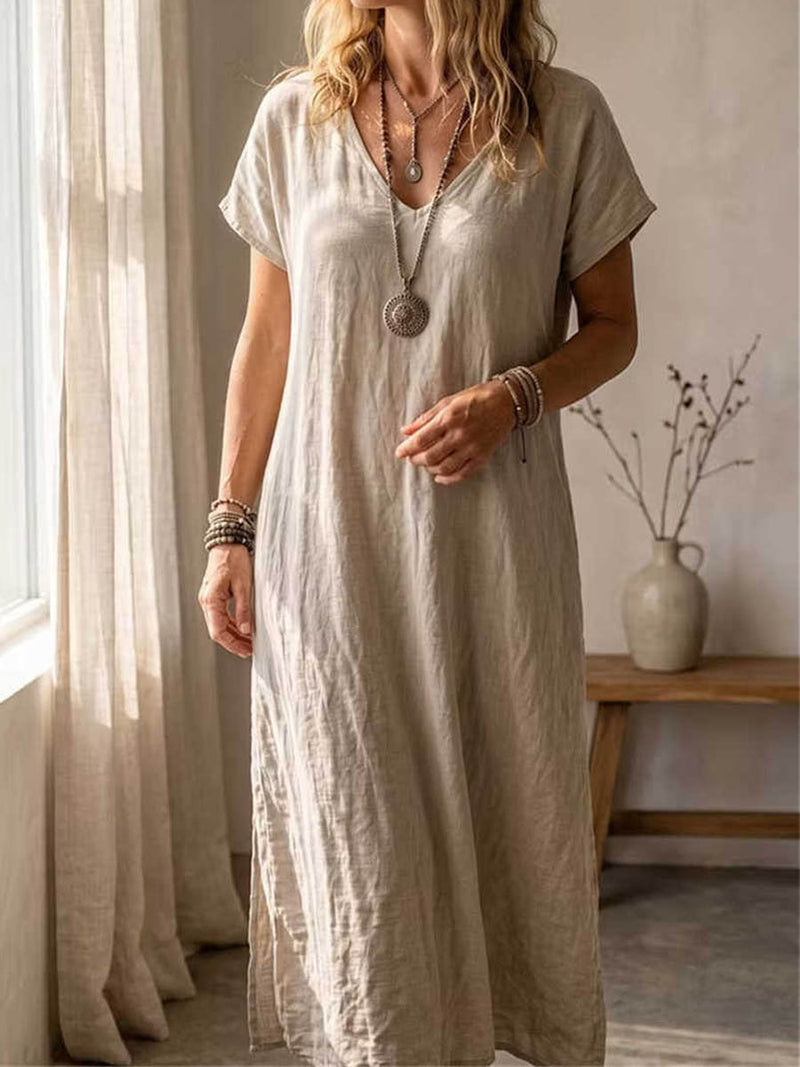 Women's Beige Solid V Neck Short Sleeve Maxi Linen Dress