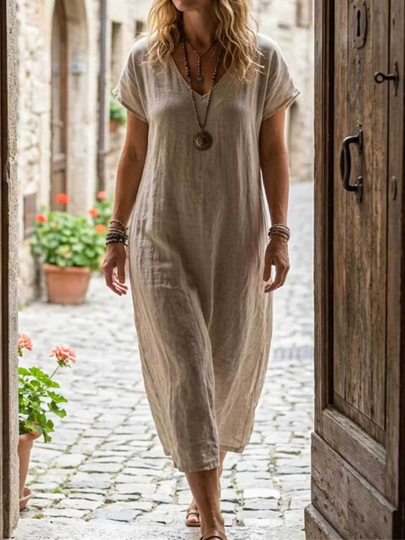 Women's Beige Solid V Neck Short Sleeve Maxi Linen Dress