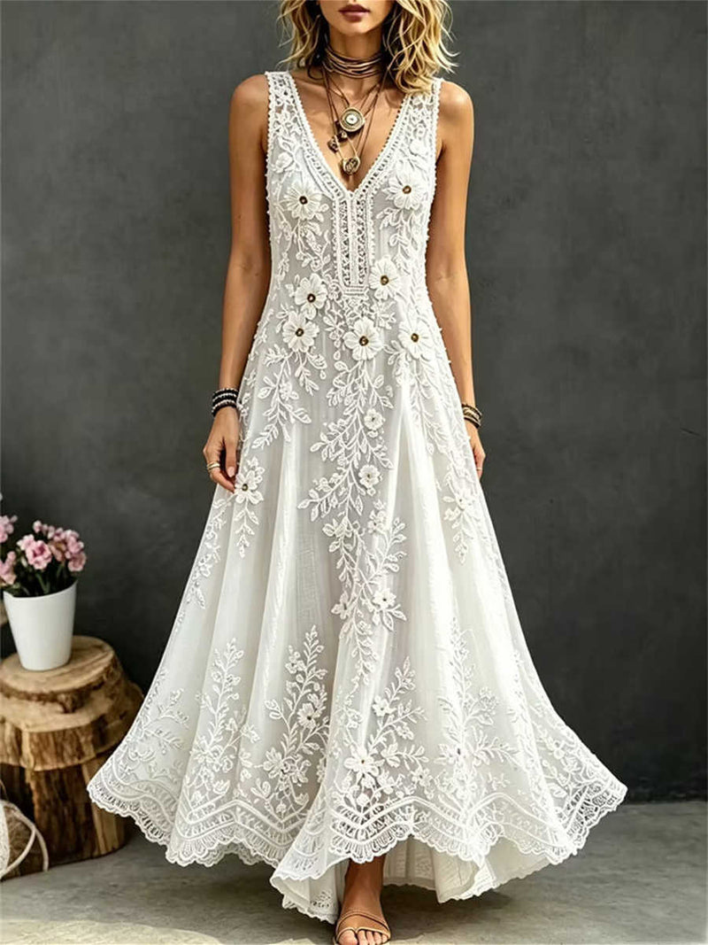 Women's White Floral Embroidered Lace Sleeveless V Neck Maxi Dress