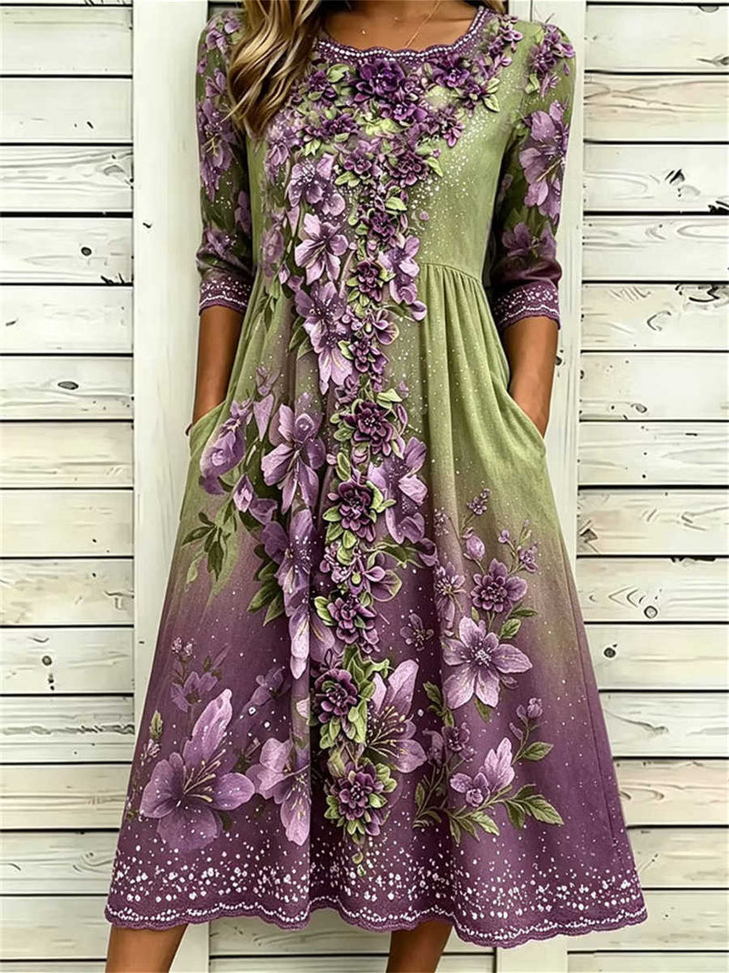 Women's Green Purple Gradient Floral Print Round Neck 3/4 Sleeve Midi Dress