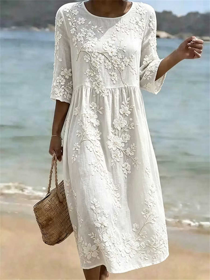 Women's White Floral Embroidered Round Neck 3/4 Sleeve Midi Dress