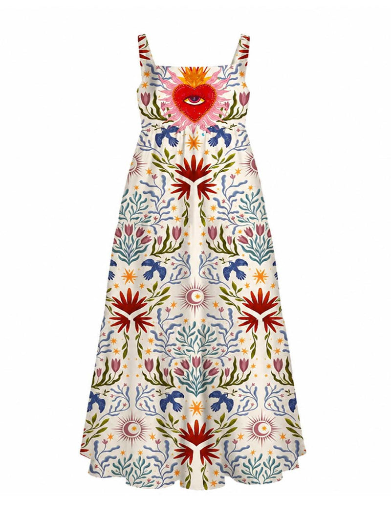 Women's White Artistic Floral Bird Print Square Neck Strap Maxi Dress