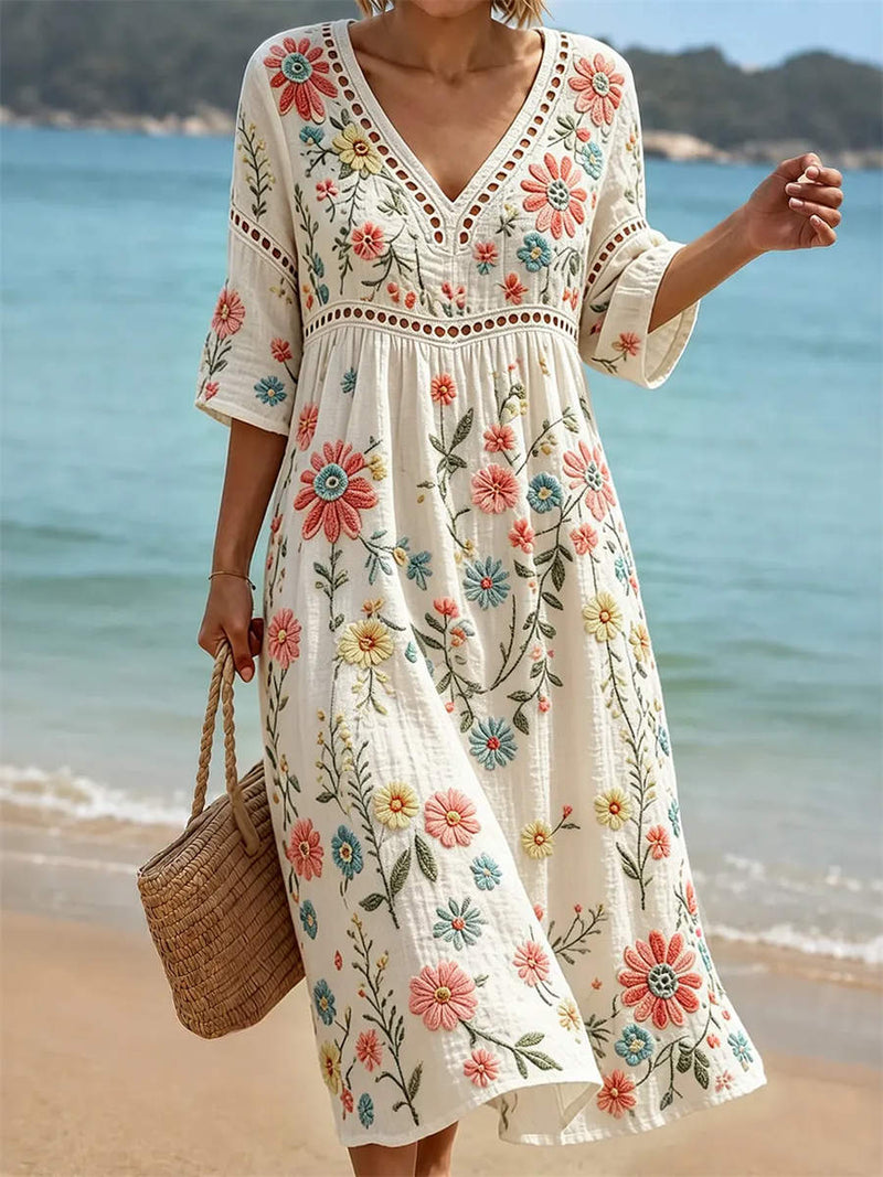 Women's Off White Floral Embroidery Hollow V Neck 3/4 Sleeve Midi Dress