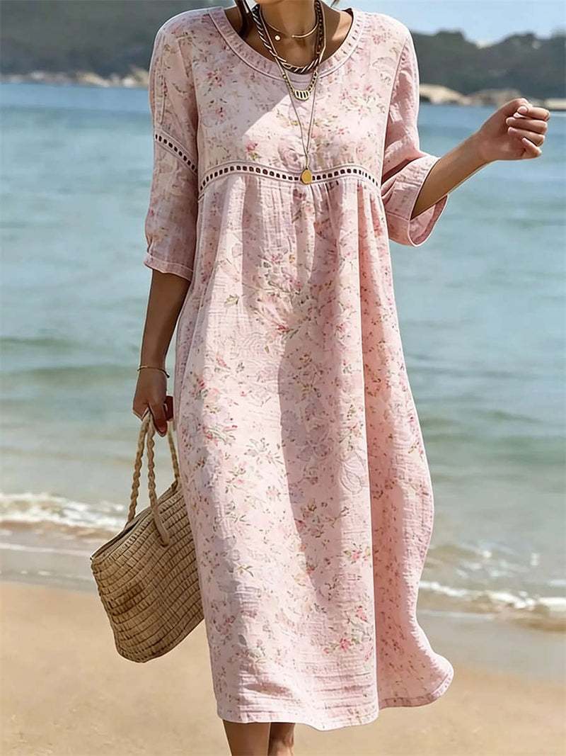 Women's Pink Floral Print Round Neck 3/4 Sleeve Midi Dress