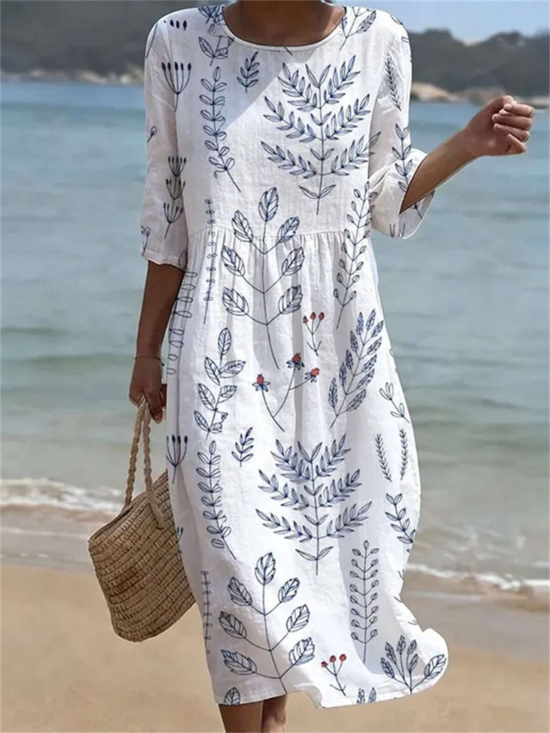 Women's White Leaf Print Round Neck 3/4 Sleeve Midi Dress