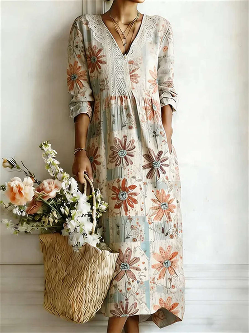 Women's Vintage Floral Print Lace V Neck 3/4 Sleeve Midi Dress