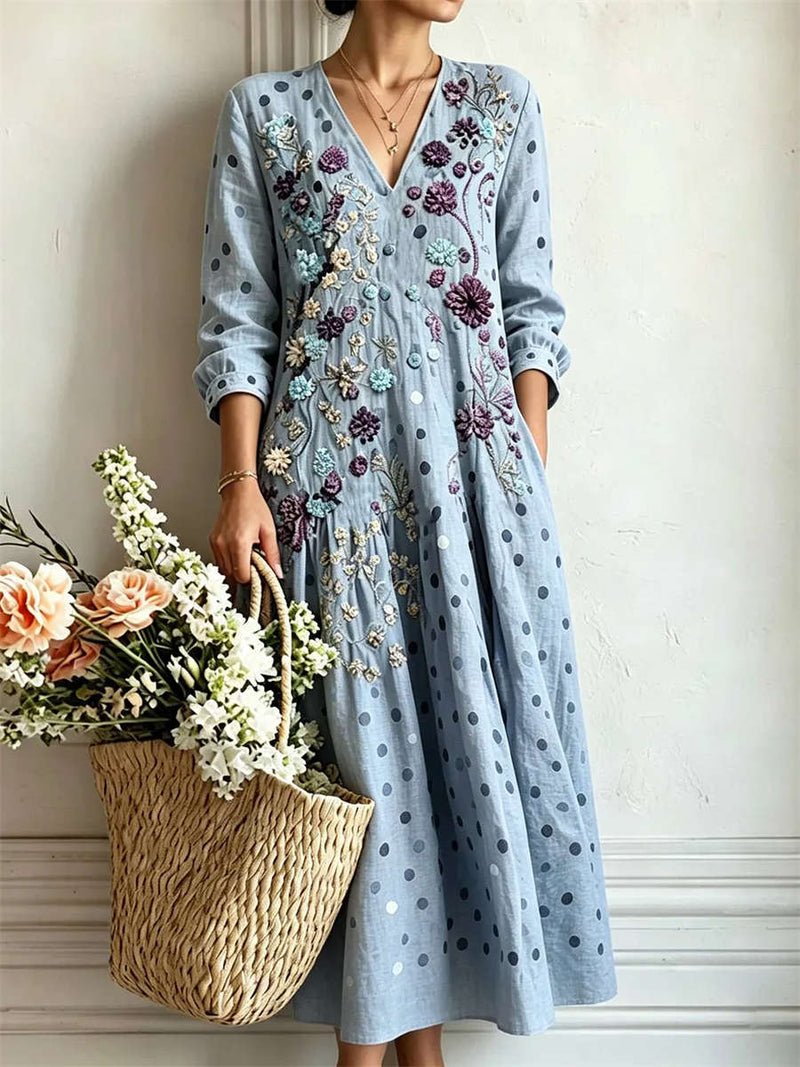 Women's Light Blue Polka Dot Floral Embroidery V Neck 3/4 Sleeve Midi Dress