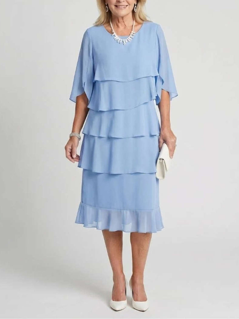 Women's Light Blue Layered Ruffle Round Neck Half Sleeve Midi Dress
