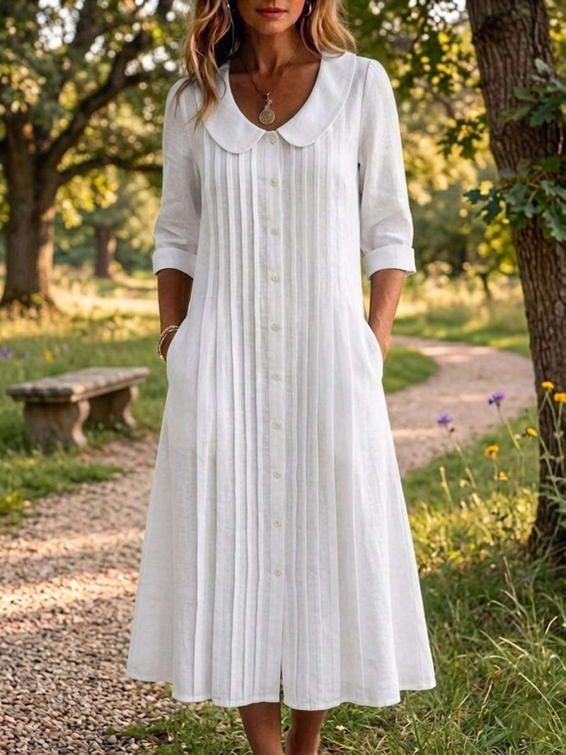 Women's White Peter Pan Collar Pleated Button Front 3/4 Sleeve Midi Dress