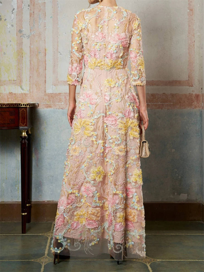 Women's Pink Floral Print Mesh Round Neck 3/4 Sleeve Maxi Dress