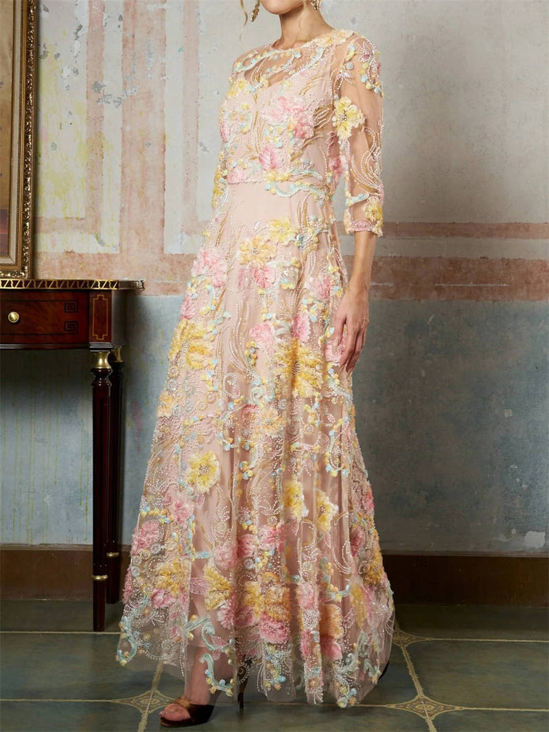 Women's Pink Floral Print Mesh Round Neck 3/4 Sleeve Maxi Dress