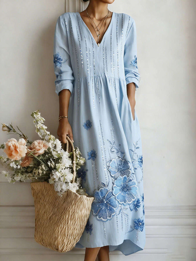 Women's Light Blue Floral Print V Neck 3/4 Sleeve Midi Dress
