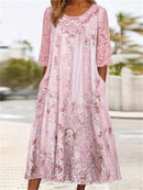Women's Pink Floral Print Lace Splicing Round Neck 3/4 Sleeve Midi Dress