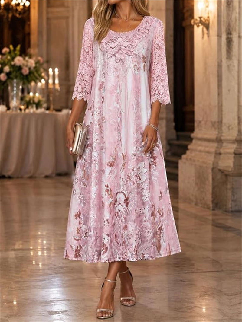Women's Pink Floral Print Lace Splicing Round Neck 3/4 Sleeve Midi Dress