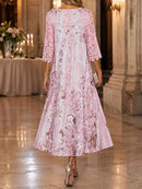 Women's Pink Floral Print Lace Splicing Round Neck 3/4 Sleeve Midi Dress
