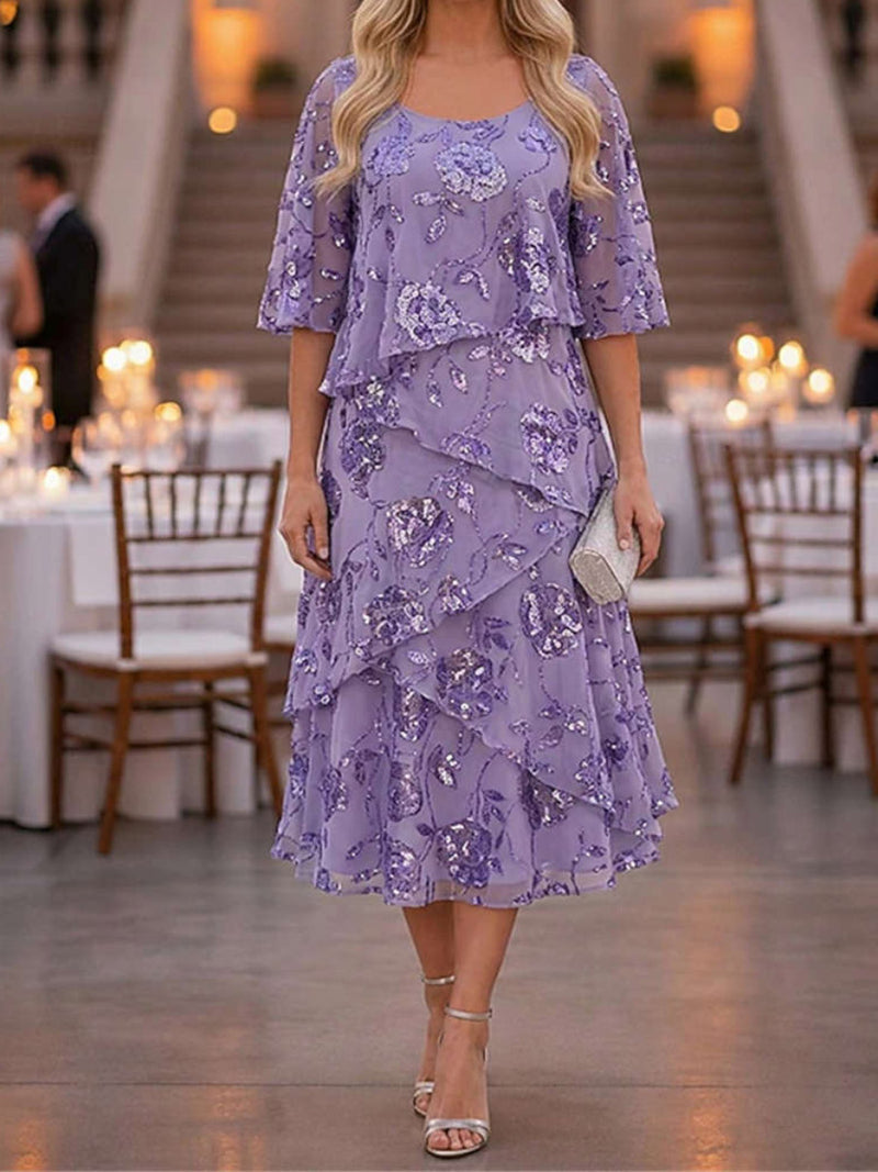 Women's Purple Floral Print Scoop Neck 3/4 Sleeve Tiered Midi Dress