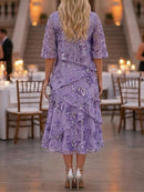 Women's Purple Floral Print Scoop Neck 3/4 Sleeve Tiered Midi Dress