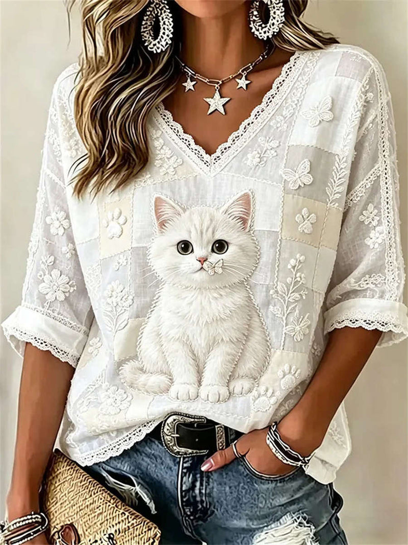Women's White Cat Floral Lace V Neck 3/4 Sleeve Blouse