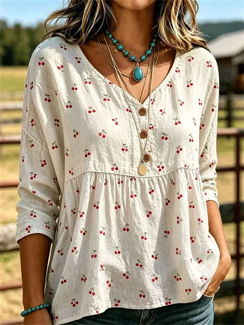 Women's Off White Cherry Print V Neck 3/4 Sleeve Blouse