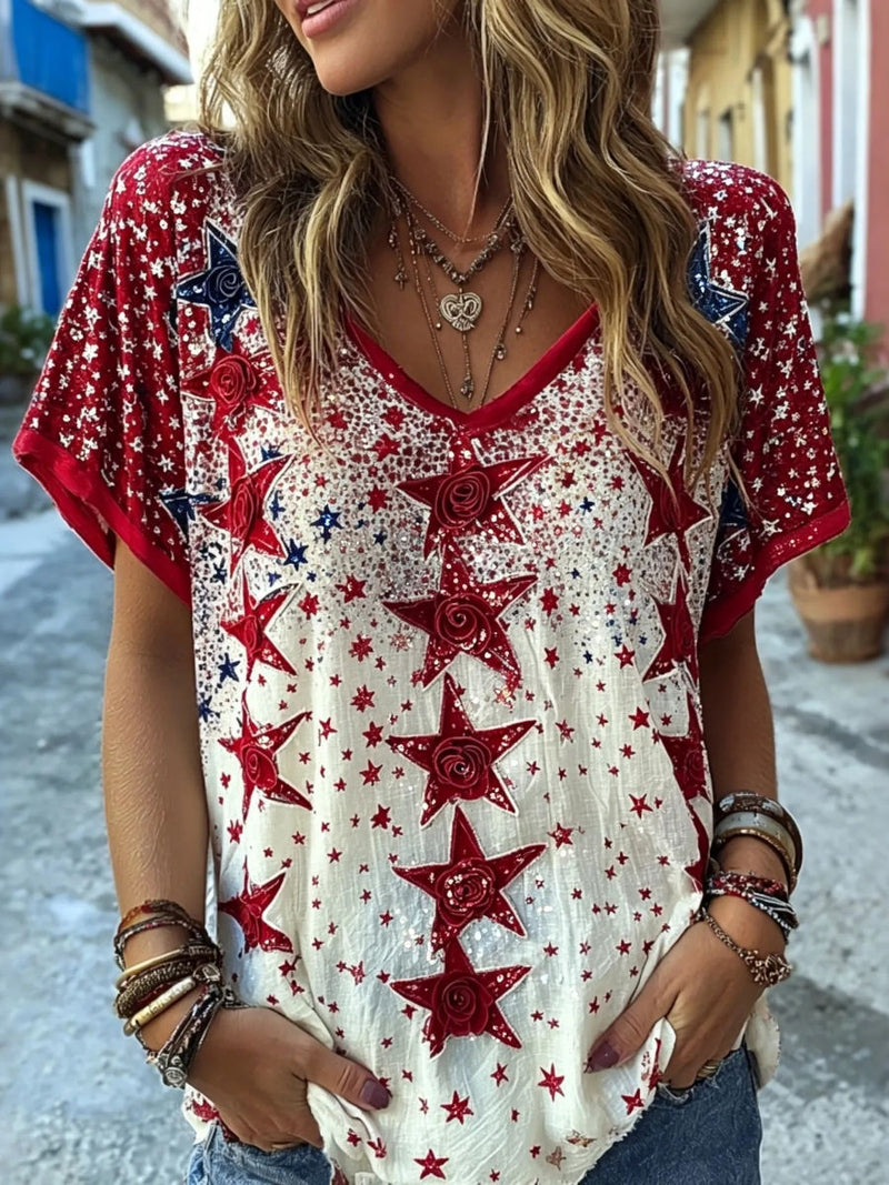 Women's Holiday Red White Star Floral Print V Neck Short Sleeve Blouse