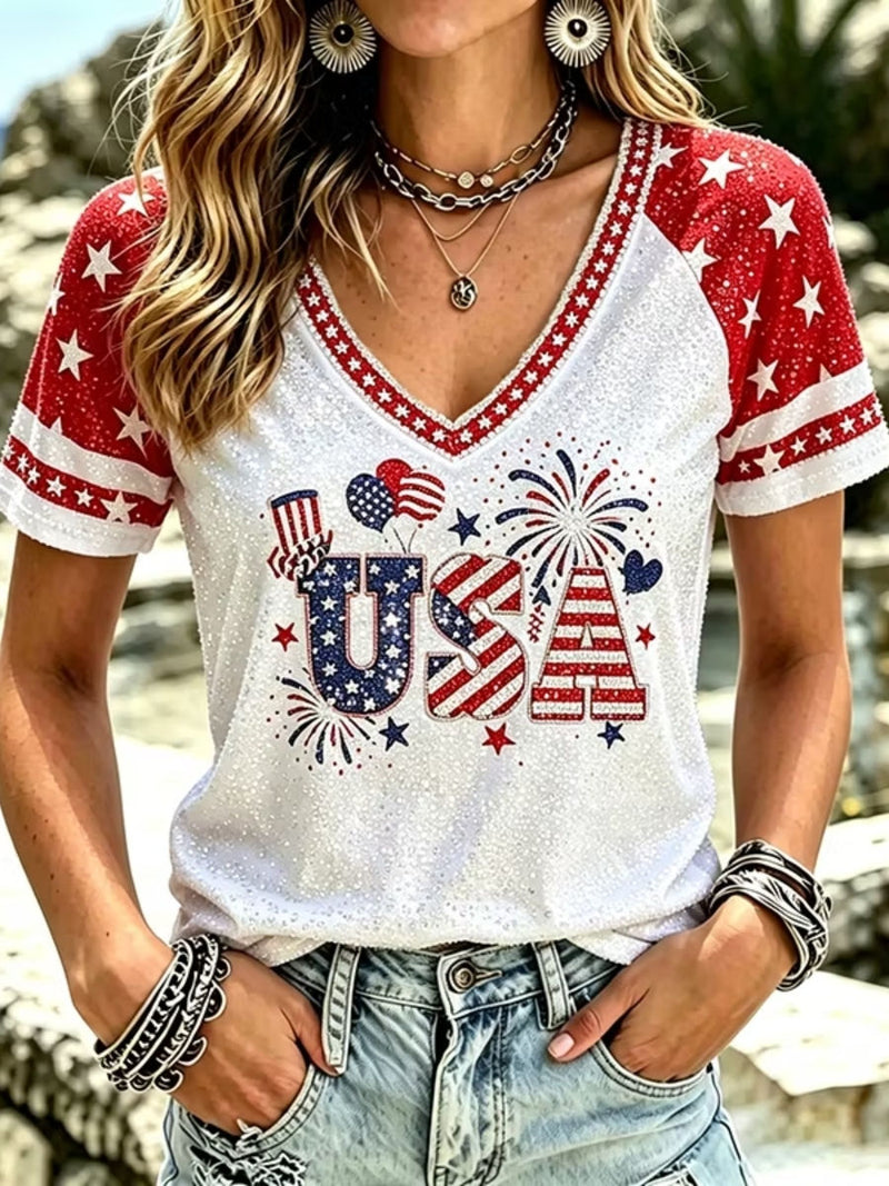 Women's Holiday White Red Star Raglan V Neck Short Sleeve Blouse