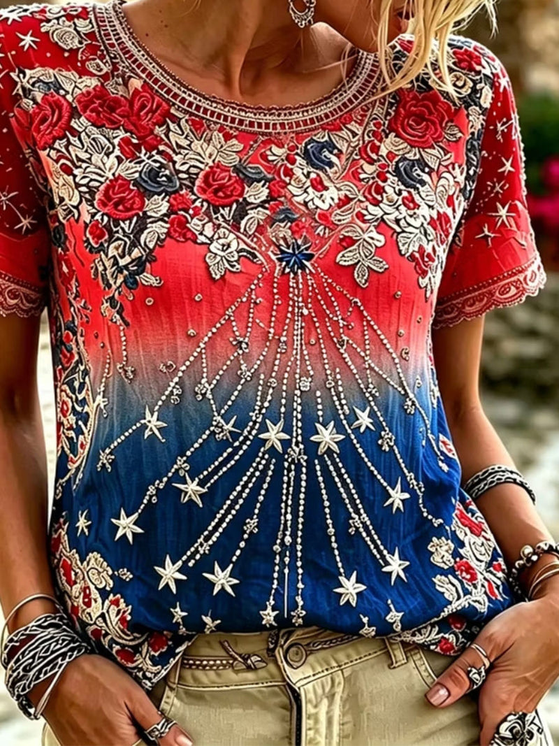 Women's Everyday Red Blue Gradient Floral Star Rhinestone Round Neck Short Sleeve Blouse
