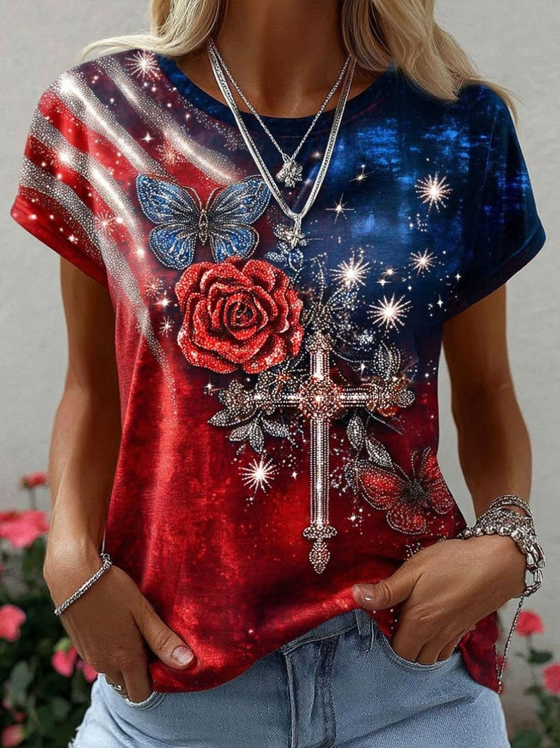 Women's Casual Red Blue Rose Cross Butterfly Rhinestone Round Neck Short Sleeve Blouse