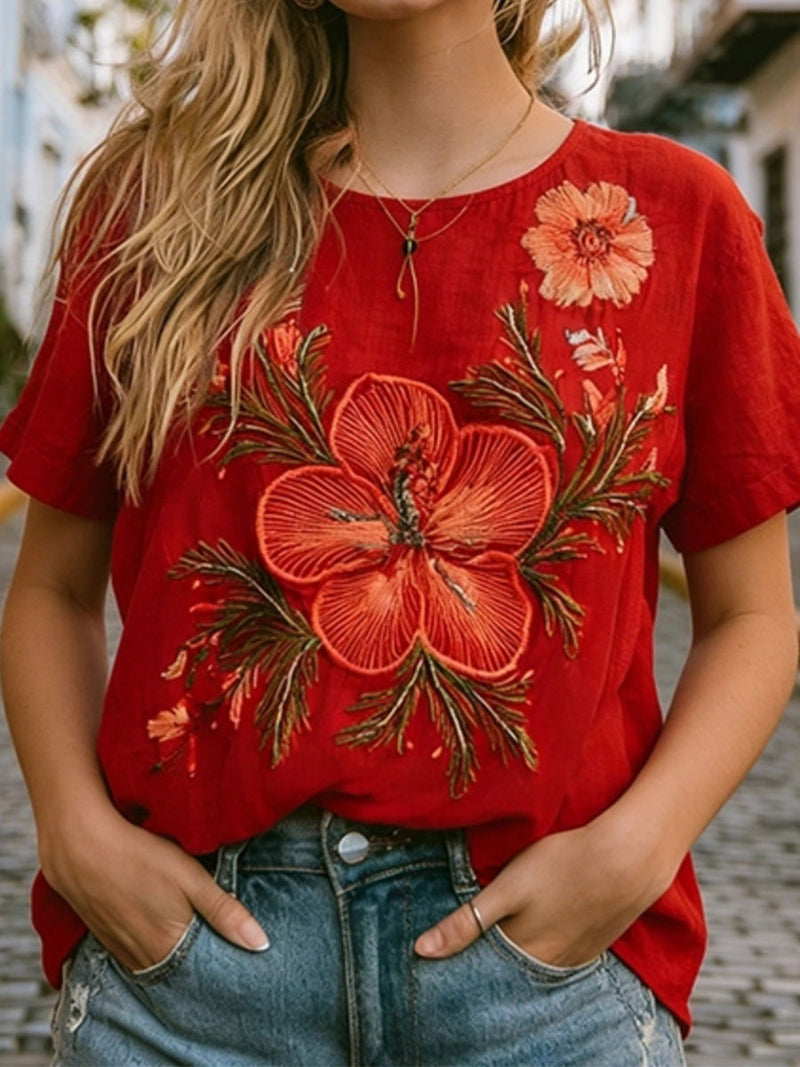 Women's Red Large Floral Embroidery Round Neck Short Sleeve Blouse