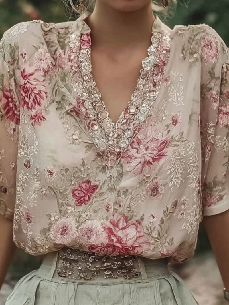 Women's Ivory Pink Floral Print Rhinestone V Neck Short Sleeve Blouse