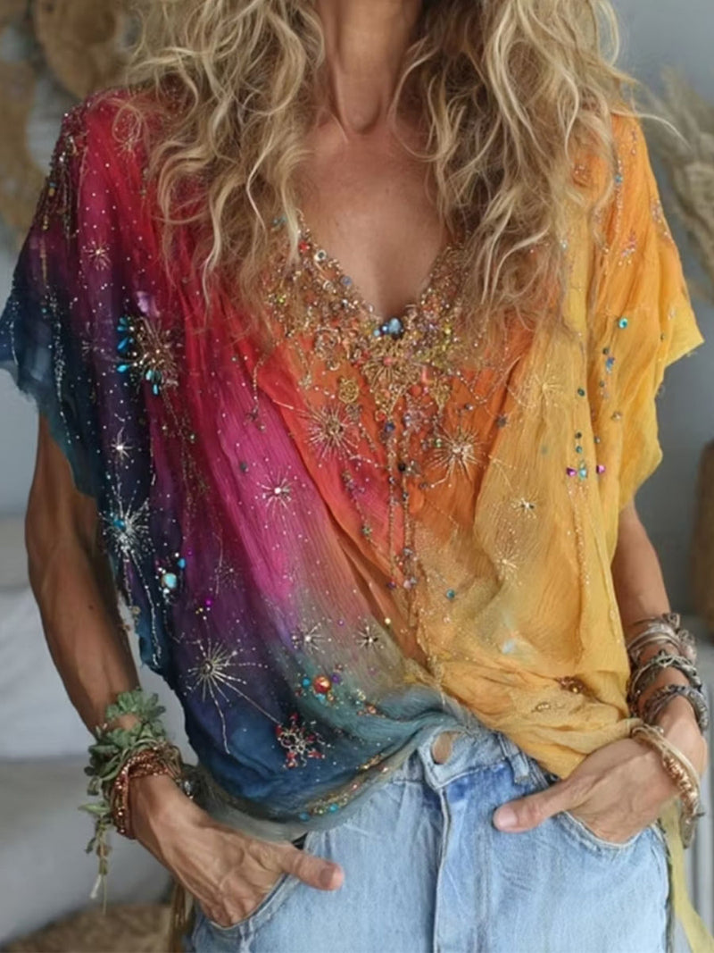 Women's Rainbow Gradient Rhinestone Star V Neck Dolman Short Sleeve Blouse