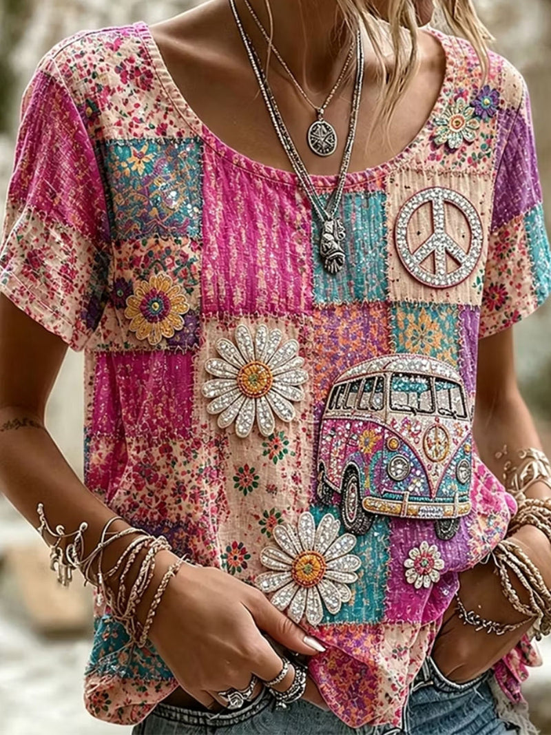 Women's Multi Patchwork Bus Daisy Rhinestone Round Neck Short Sleeve Blouse
