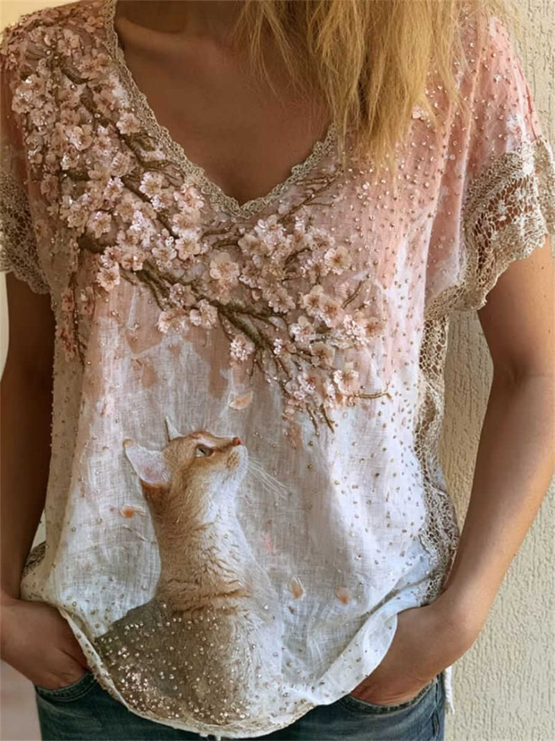 Women's Pink Gradient Cat Cherry Blossom Embroidery Lace V Neck Short Sleeve Blouse