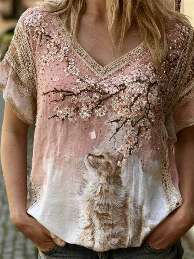 Women's Pink Gradient Cat Cherry Blossom Embroidery Lace V Neck Short Sleeve Blouse
