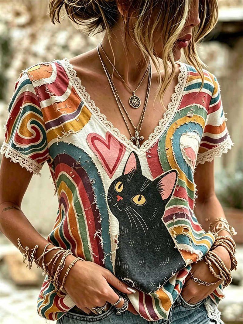 Women's Rainbow Swirl Black Cat Heart Print Lace V Neck Short Sleeve Blouse