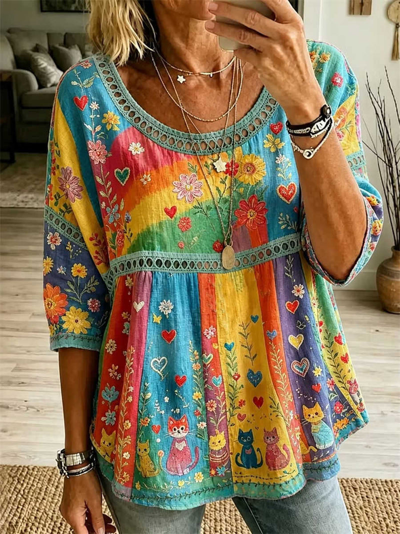 Women's Rainbow Stripe Cat Floral Heart Embroidery Hollow 3/4 Sleeve Blouse