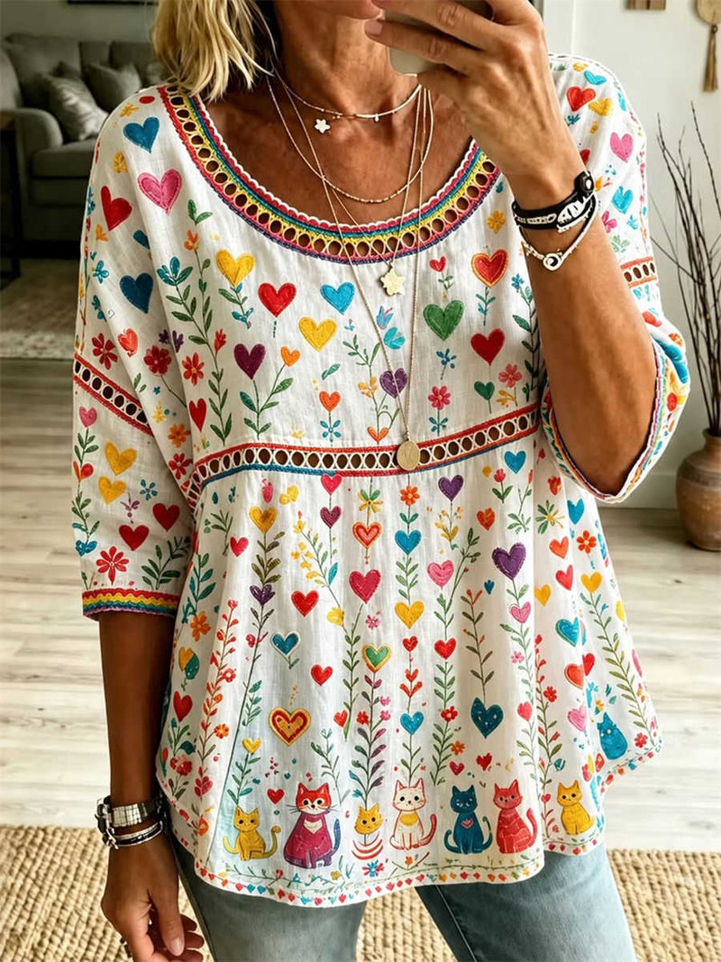 Women's White Colorful Heart Floral Cat Embroidery Hollow 3/4 Sleeve Blouse