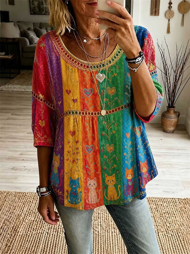 Women's Vertical Rainbow Stripe Cat Heart Floral Embroidery Hollow 3/4 Sleeve Blouse