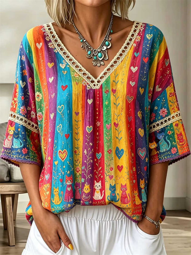 Women's Vertical Rainbow Stripe Cat Heart Floral Embroidery V Neck 3/4 Sleeve Blouse