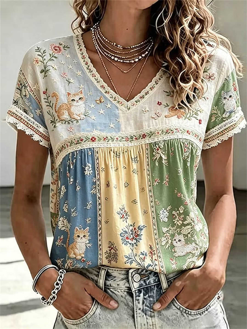 Women's Color Block Cat Floral Butterfly Embroidery Lace V Neck Short Sleeve Blouse