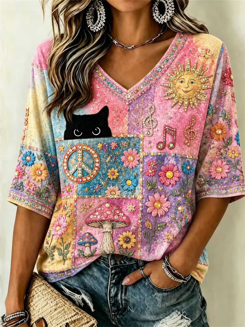 Women's Pink Patchwork Cat Sun Mushroom Floral Rhinestone V Neck 3/4 Sleeve Blouse