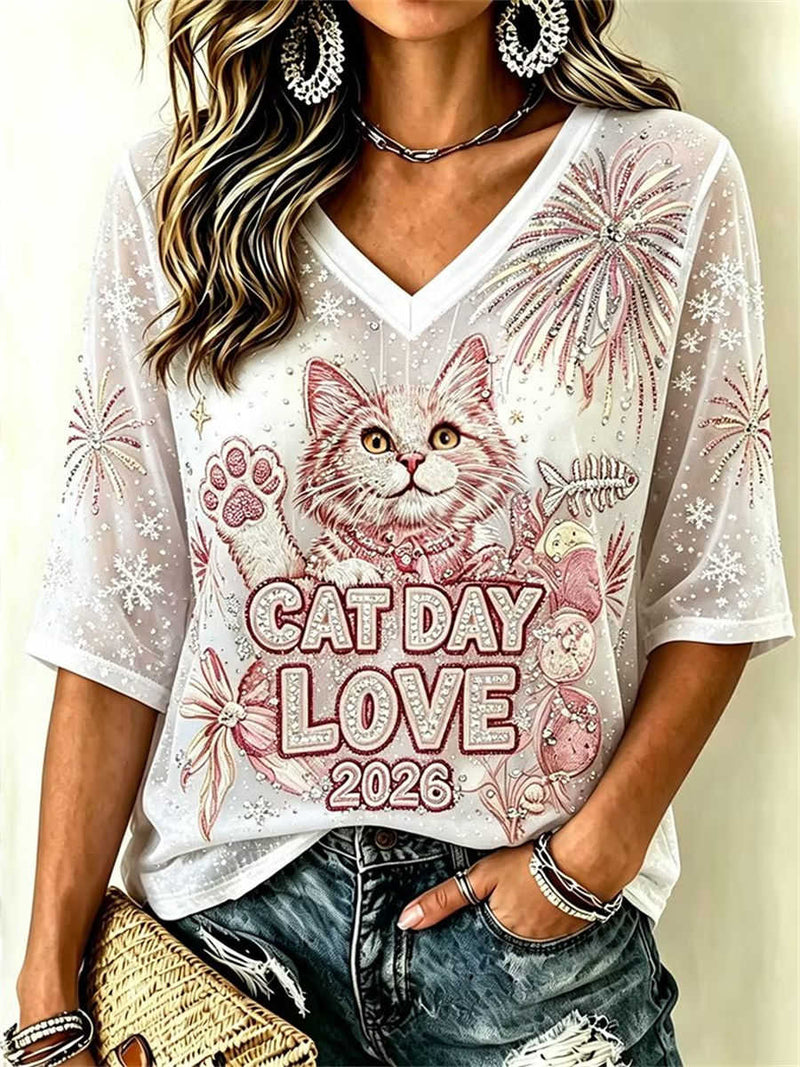 Women's White Mesh Cat Day Love Cat Paw Firework Rhinestone V Neck 3/4 Sleeve Blouse