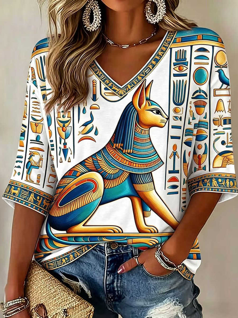Women's White Ancient Egyptian Bastet Cat Hieroglyph Print V Neck 3/4 Sleeve Blouse