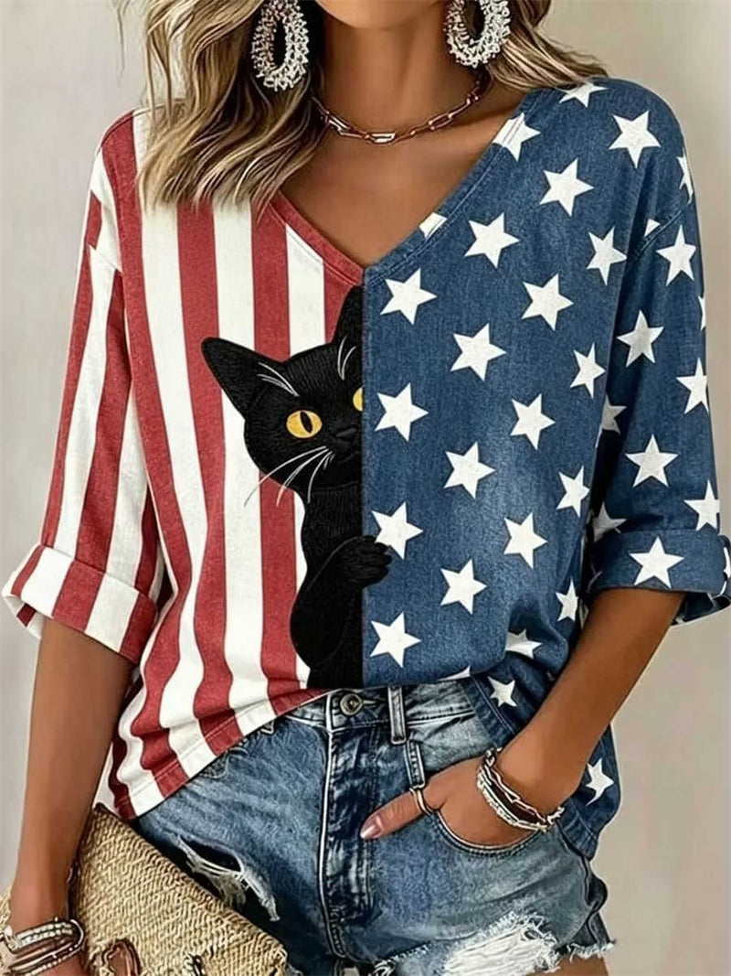 Women's Split American Flag Peeking Cat Print V Neck 3/4 Sleeve Blouse