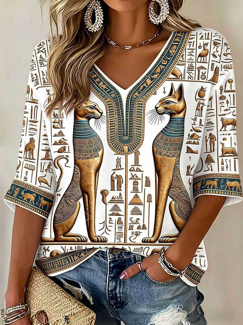 Women's White Twin Bastet Cat Egyptian Hieroglyph Totem Print V Neck 3/4 Sleeve Blouse
