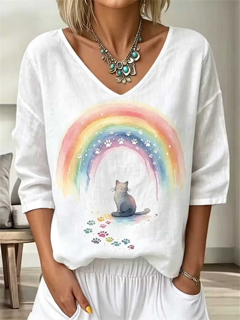 Women's White Rainbow Cat Paw Print V Neck 3/4 Sleeve Blouse