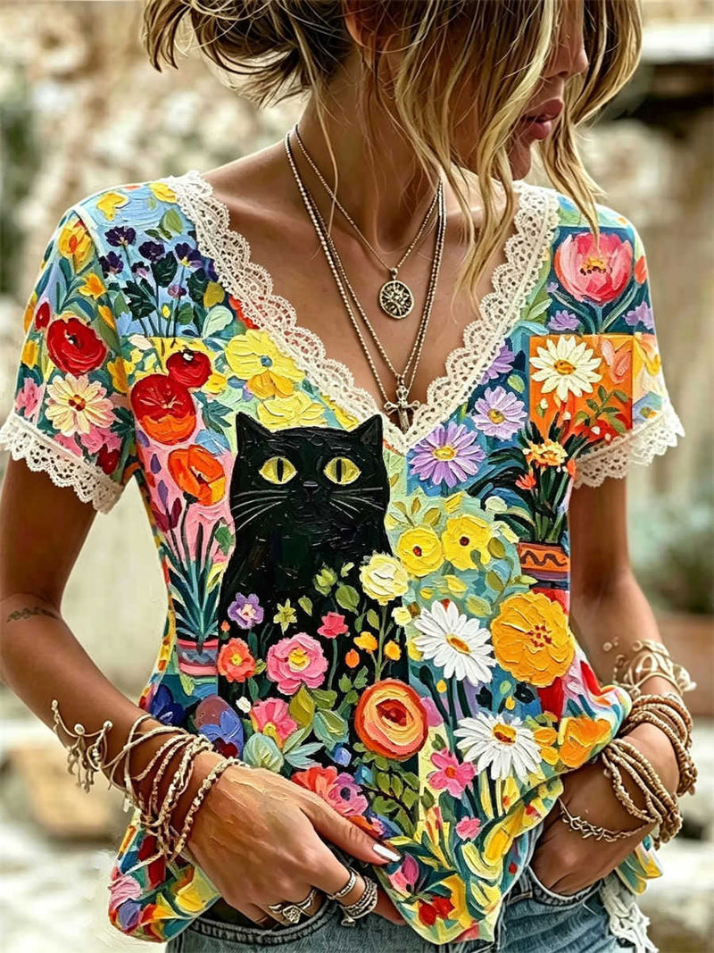 Women's Multi Floral Cat Lace V Neck Short Sleeve Blouse