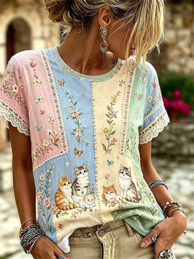 Women's Multi Embroidered Cats Floral Lace Trim Round Neck Short Sleeve Blouse