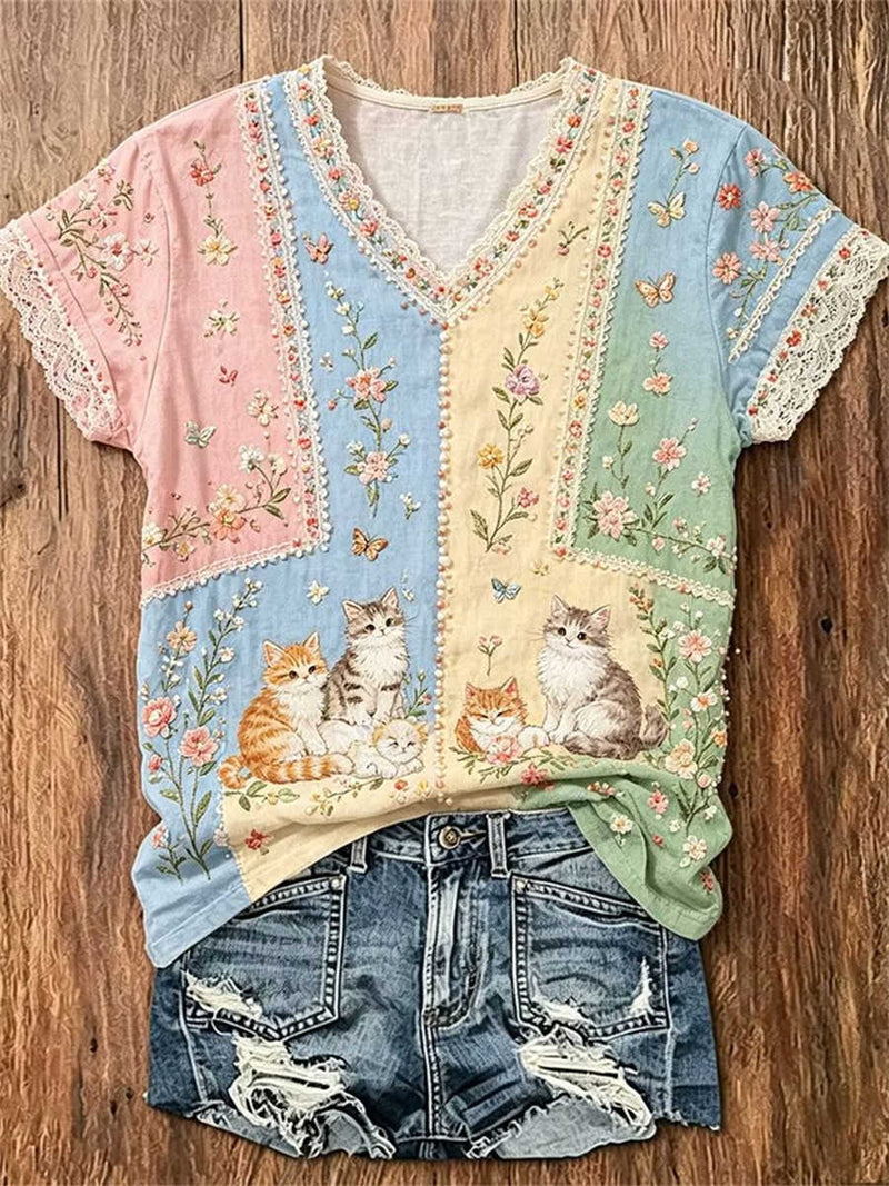 Women's Multi Embroidered Cats Floral Lace Trim V Neck Short Sleeve Blouse
