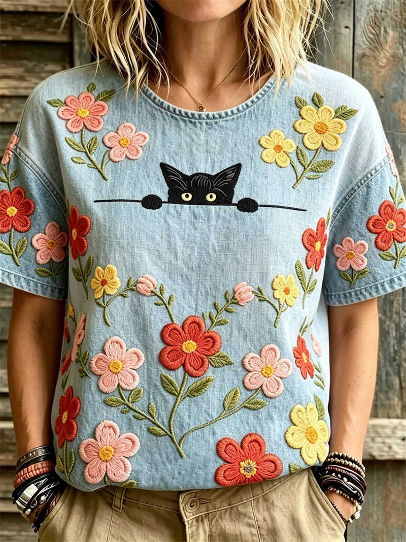 Women's Light Blue Embroidered Peeking Black Cat Floral Round Neck Short Sleeve Blouse