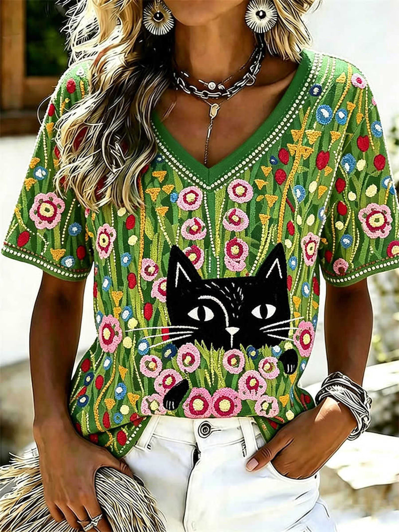 Women's Green Floral Peeking Black Cat Print V Neck Short Sleeve Blouse